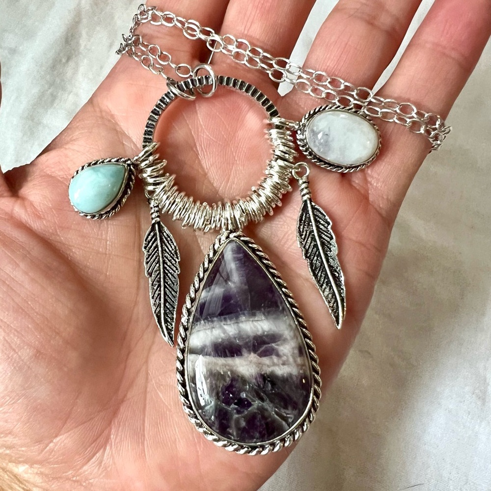 925 OMG OMG! Dream Amethyst + Larimar + Flash Moonstone Charm Necklace Pendant